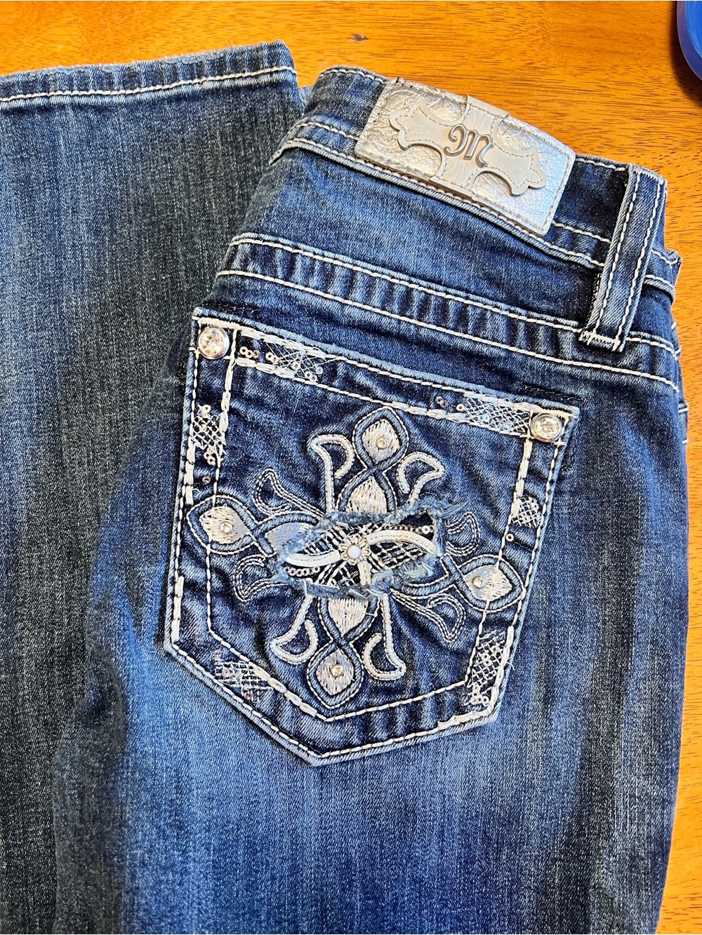 Miss Me Dark Blue Mid Rise Skinny Jeans with Embroidered Rhinestone Pocket